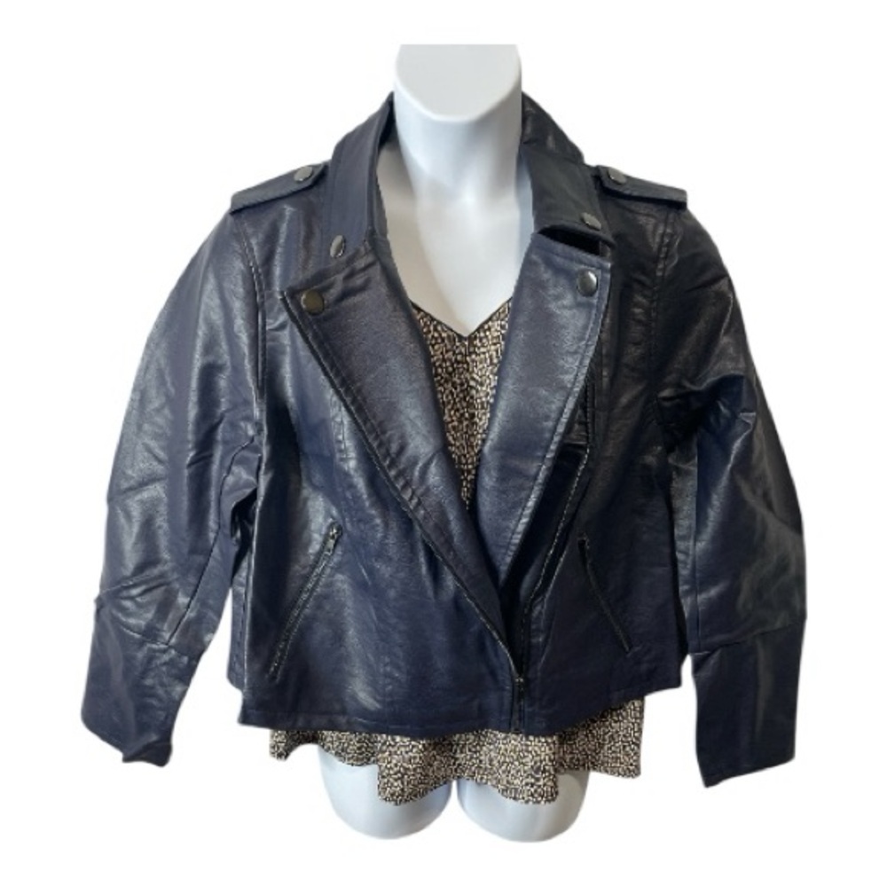 Eloquii Faux Leather Cropped Rocker Baddie Moto Jacket Navy, Size 18-20